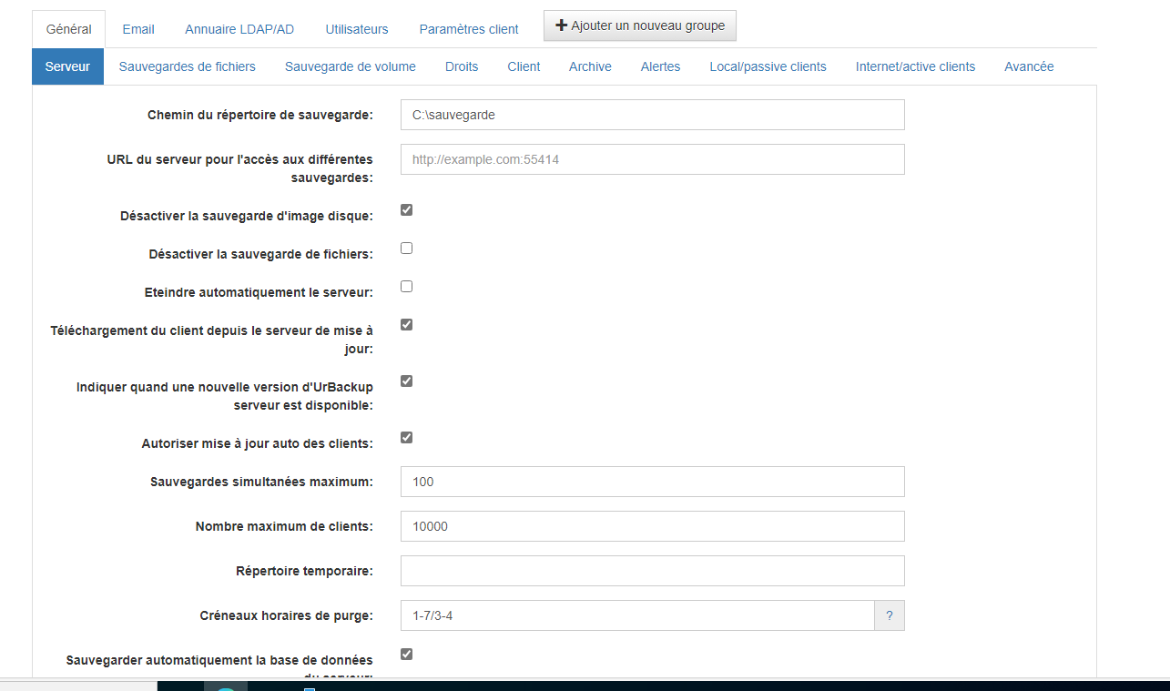 Page de configuration de Urbackup